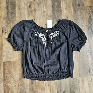 Lucky Brand Black Embroidered Peasant Top Size Medium Boho Tassel Babydoll...